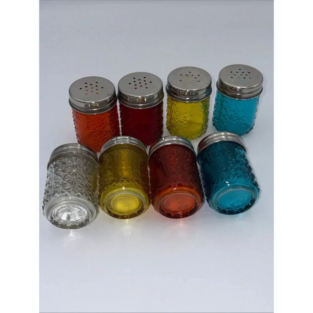 Vintage MCM Colored Glass Spice Bottles Aluminum Tops Colorful